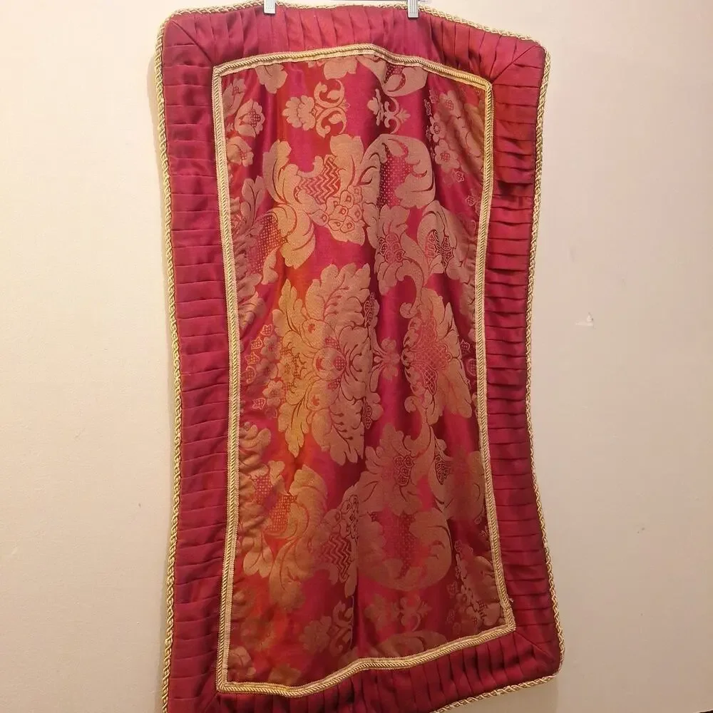 Damask Table Runner With Pleated Trim And Cord. 41 In X 24 In. Red And Gold